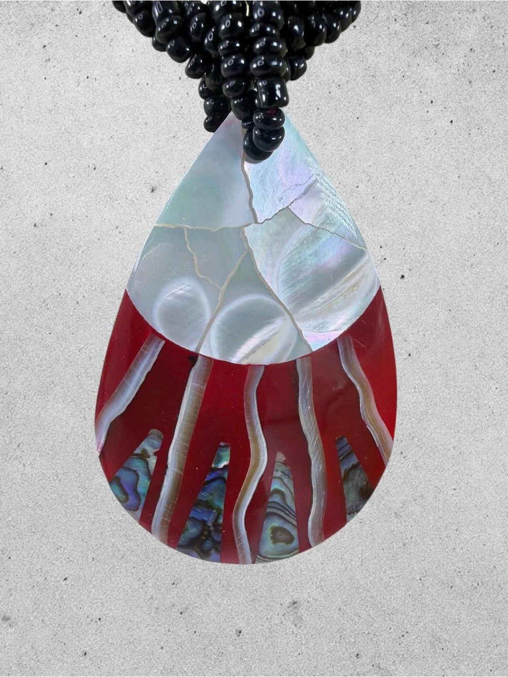Boho Mother Of Pearl Abalone Teardrop Necklace Coconut Shell Black Seed Bead 16”